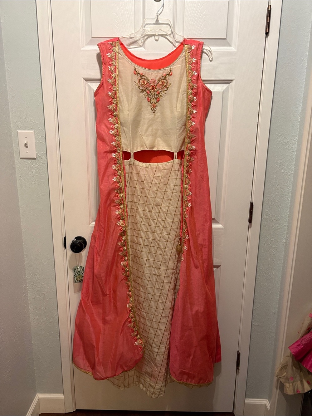 Coral and Cream Embroidered Ethnic Anarkali Dress